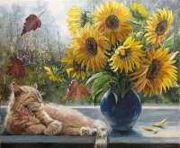 Без бренда «Подсолнухи в синей вазе возле кота» в Грозном в интернет-магазине  Без бренда «Подсолнухи в синей вазе возле кота» в Грозном