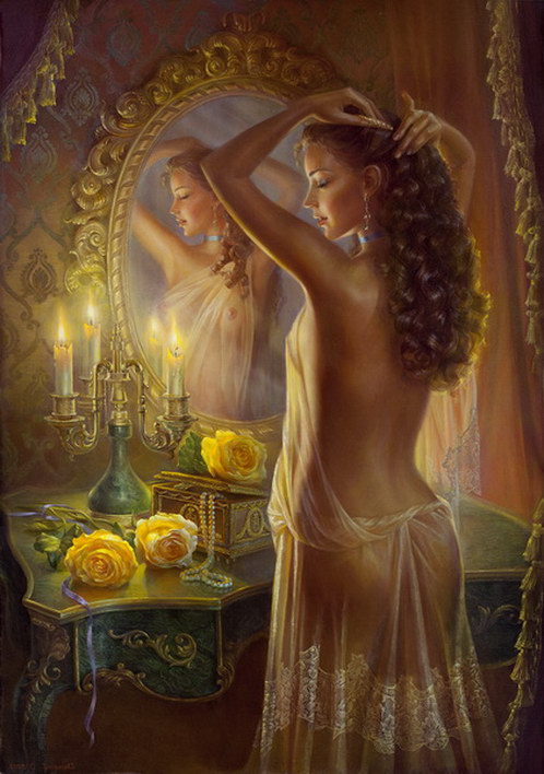 Алмазная мозаика 40x50 Обнаженная девушка у зеркала и желтые розы