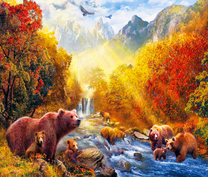 Бурые медведи у реки в осеннем лесу