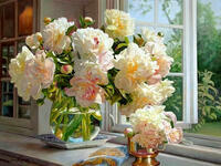 Без бренда «Ваза с букетом белых пионов у окна» в Грозном в интернет-магазине  Без бренда «Ваза с букетом белых пионов у окна» в Грозном