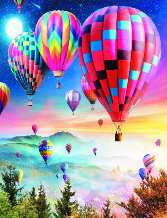 Алмазная мозаика 40x50 Полет разноцветных воздушных шаров над лесами и горами