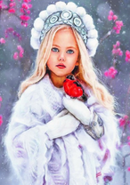 Милая девочка со снегирём на руках