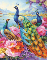 Павлины у озера среди больших цветов