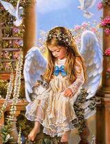 Маленький ангелочек с кроликом и голуби