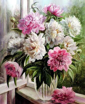 Без бренда «Пионы в прозрачной вазе у окна» в Грозном